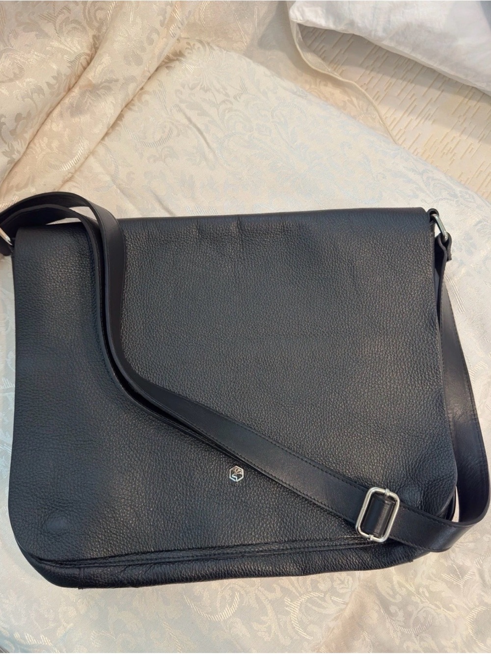 Valentina Black Pebbled Leather Messenger Bag with Adjustable Strap